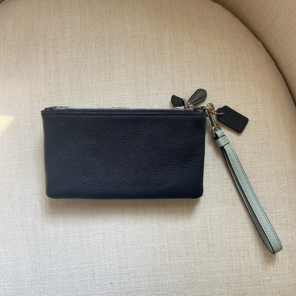 Coach Tea Rose Print Genuine Leather Triple Wristlet Bag Clutch Sky - Picture 4 of 7